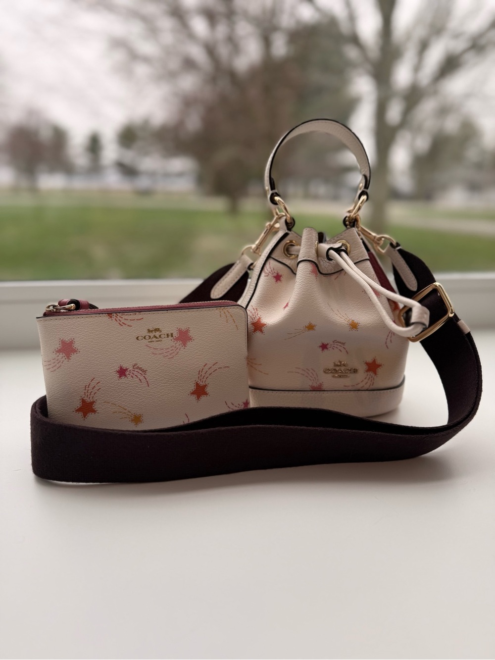 Coach Cream Mini Drawstring Bucket Bag with Star Motif and Wristlet